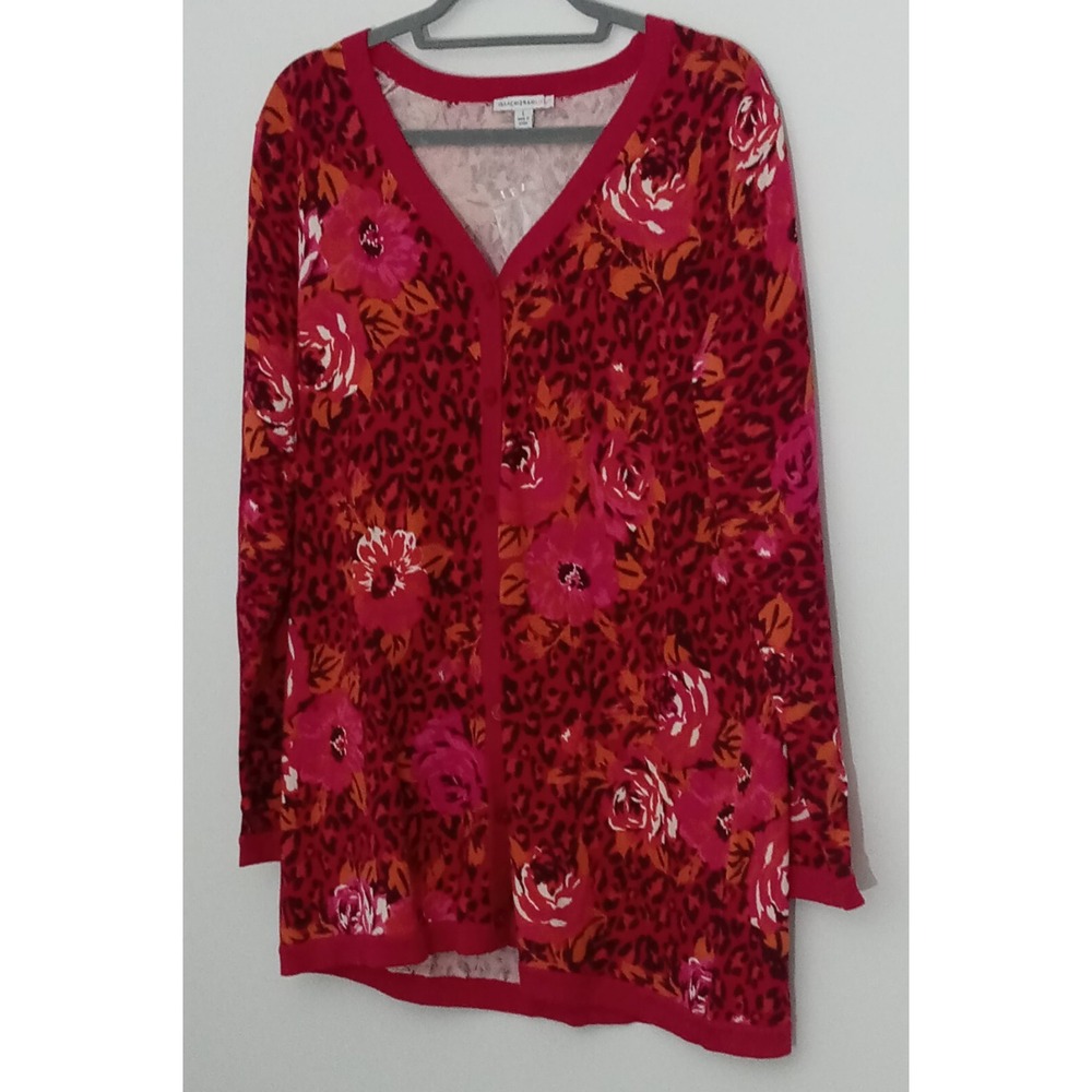 Isaac‎ Mizrahi Sweater Womens Size L Pink Floral Animal Print Cardigan Button Up